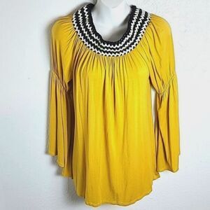 Voll by Chicos Gold Blouse with Black & White Braided Cowl Neckline, Size Small